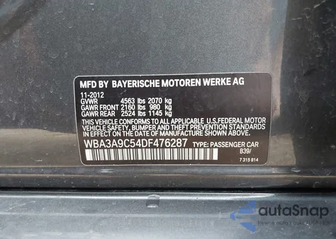 2013 BMW 335I из США, поврежденный, VIN WBA3A9C54DF476287